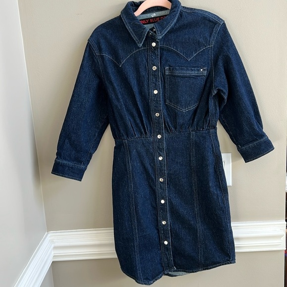 Only Blue Denim Button Snap Down Dress Dark Blue Long Sleeves Size Small - Picture 1 of 12
